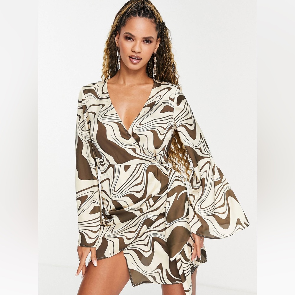 ASOS Swirl Marble Print Wrap Long Sleeve Mini Dress with Flare Bell Sleeve